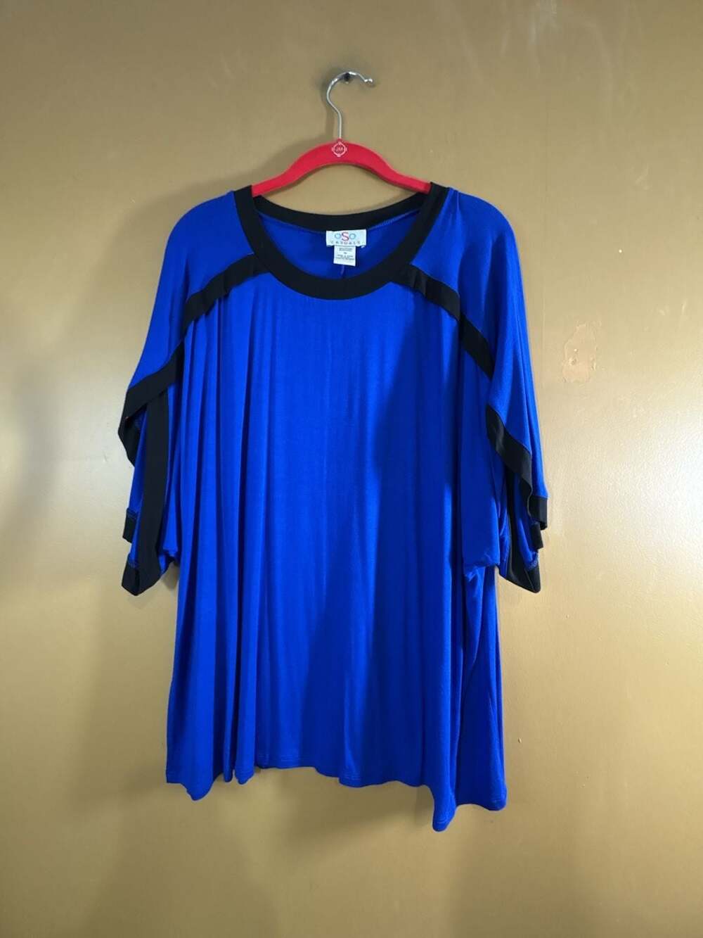 HC1136 Oso Casuals Royal Blue Black Trim Draped Short Sleeve Blouse Plus Size 1X